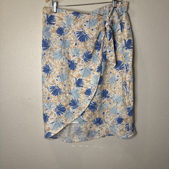 Skies Are Blue Floral Coastal Blue & Tan Side Tie Wrap Midi Skirt XL - Picture 4 of 10